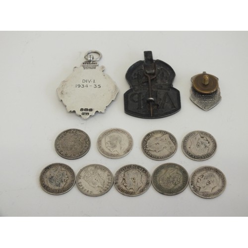 21 - TWO SILVER BADGES, SILVER COINS & SILVER MEDAL