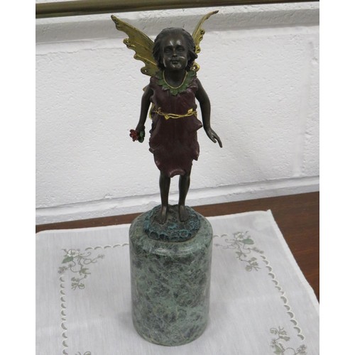 44 - A COLD PAINTED SIGNED BRONZE BY MILO THE PORTUGUESE ARTIST OF A FLOWER FAIRY ON MARBLE BASE