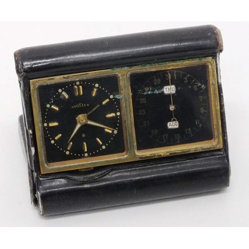 60 - VINTAGE ANGELUS 8 DAY FOLDING TRAVEL ALARM CALENDAR CLOCK IN BLACK LEATHERED CASE