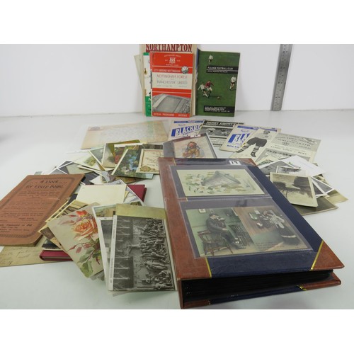 31 - TRAY OF MISCELLANEOUS EPHEMERA INCLUDING FOOTBALL PROGRAMMES, POSTCARDS ETC