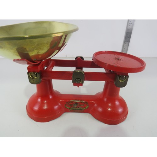 116 - SOLID BRASS KITCHEN SCALES WITH SET OF BELL WEIGHTS - IN ORIGINAL BOX