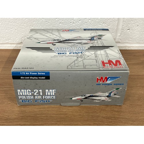 55 - HOBBY MASTER MIG-21 MF 'BIG FISH' MODEL PLANE AND HELICOPTER -MODEL NUMBER HA0103