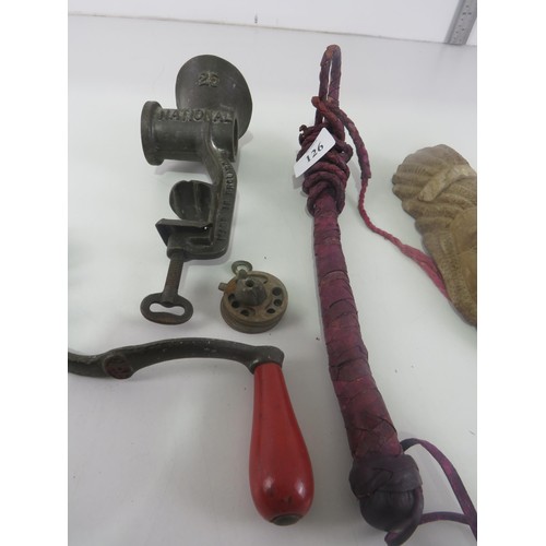 126 - BULLWHIP, MINCER, CARVED WOODEN FACE