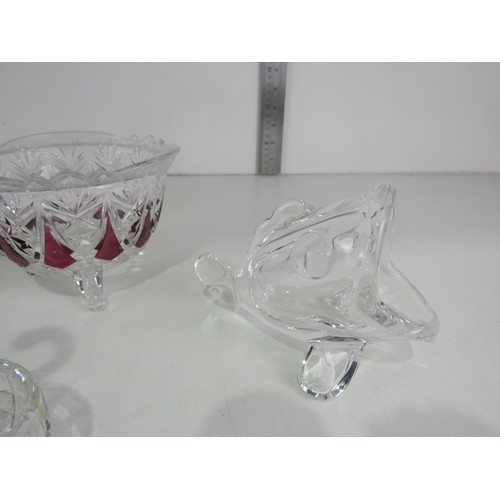 129 - HAND CUT BOHEMIA CRYSTAL VASE SWAN TRINKET DISH, GLASS CLOCK, CLEAR GLASS FISH BON BON DISH WITH LID