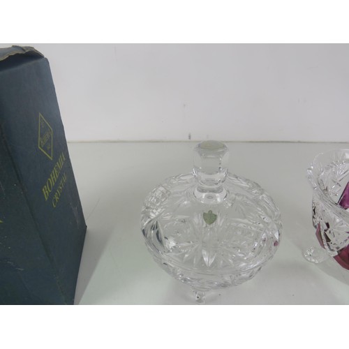 129 - HAND CUT BOHEMIA CRYSTAL VASE SWAN TRINKET DISH, GLASS CLOCK, CLEAR GLASS FISH BON BON DISH WITH LID