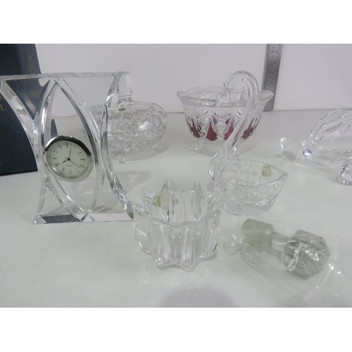 129 - HAND CUT BOHEMIA CRYSTAL VASE SWAN TRINKET DISH, GLASS CLOCK, CLEAR GLASS FISH BON BON DISH WITH LID