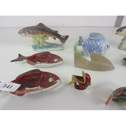 141 - SMALL RED AND GOLD FISH, FISH ORNAMENT, PAIR OF ORNAMENTAL FISH, SOAPSTONE FISH, CERAMIC FISH, BRASS... 