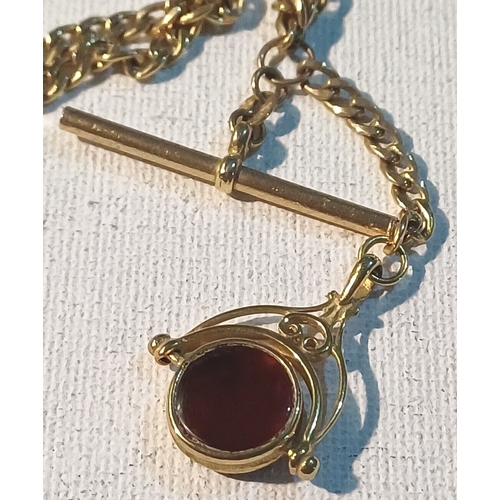 61A - VINTAGE 9ct 375 YELLOW GOLD ALBERT WATCH T-BAR CHAIN WITH CARNELIAN & BLOODSTONE SPINNING FOB 11.2g,... 