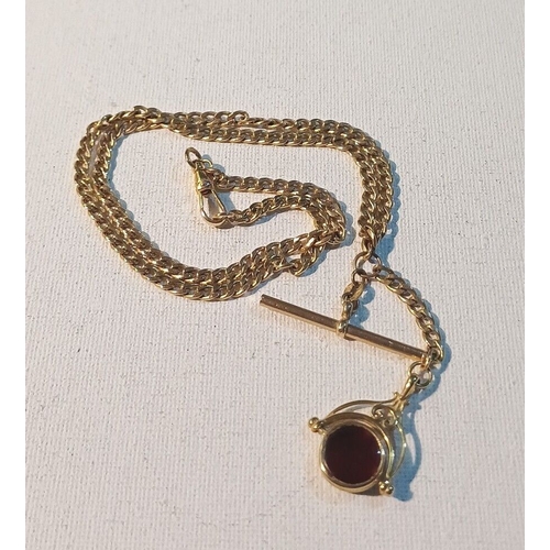 61A - VINTAGE 9ct 375 YELLOW GOLD ALBERT WATCH T-BAR CHAIN WITH CARNELIAN & BLOODSTONE SPINNING FOB 11.2g,... 