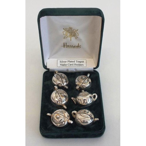 100A - HARRODS BOXED SET OF SIX SILVER PLATED TEAPOT NAME CARD HOLDERS