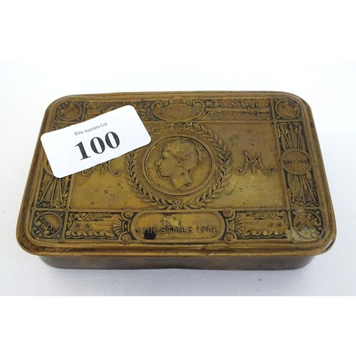 100 - WWI BRASS PRINCESS MARY TIN & CONTENTS INCLUDES MILITARY BADGES, SOLDIERS I.D TAG etc