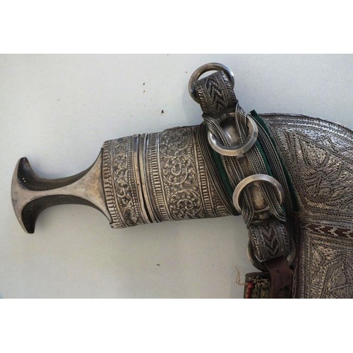 76 - ANTIQUE ARABIAN SILVER KHANJAR OMANI DAGGER WITH SILVER & CARVED HORN HANDLE C1924 WITH ORIGINAL BEL... 