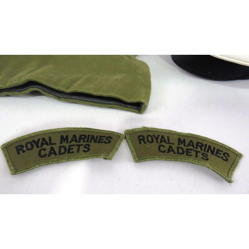 67 - FOUR MILITARY CAPS & ROYAL MARINES CLOTH SHOULDER TITLE INSIGNIA