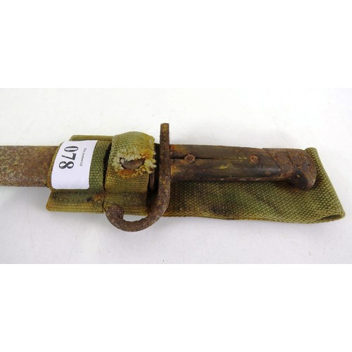 78 - MILITARY BAYONET WITH METAL SCABBARD & CANVAS FROG