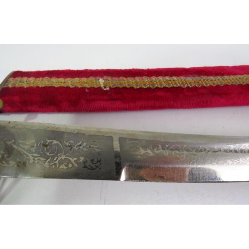 89 - CEREMONIAL INDIAN RAJPUT WEDDING SWORD & VELVET COVERED WOODEN SCABBARD