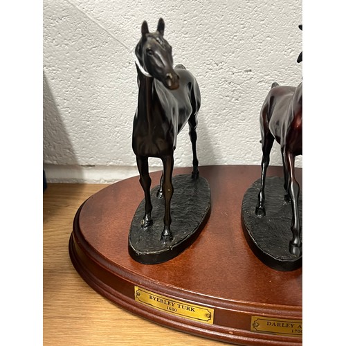 135 - SET OF 3 BRONZE HORSES ON WOODEN PLINTH 