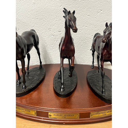 135 - SET OF 3 BRONZE HORSES ON WOODEN PLINTH 