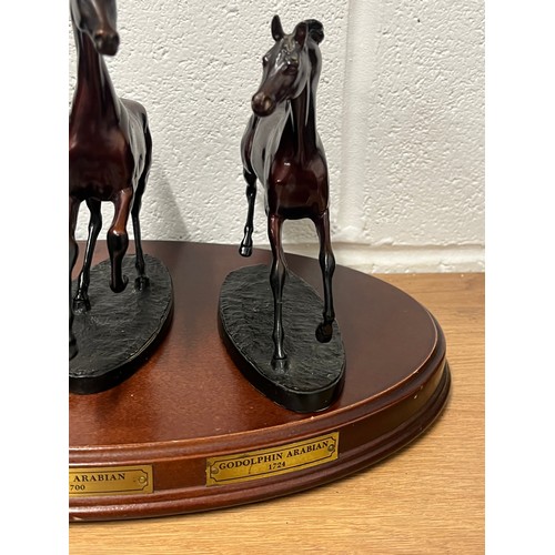 135 - SET OF 3 BRONZE HORSES ON WOODEN PLINTH 