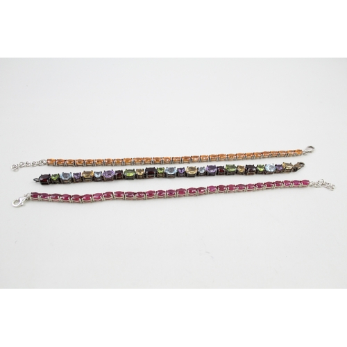 8 - Three silver gemstone tennis bracelets including Ruby