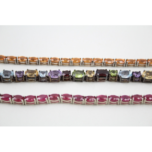 8 - Three silver gemstone tennis bracelets including Ruby