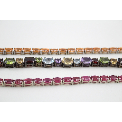 8 - Three silver gemstone tennis bracelets including Ruby