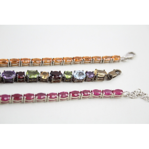 8 - Three silver gemstone tennis bracelets including Ruby