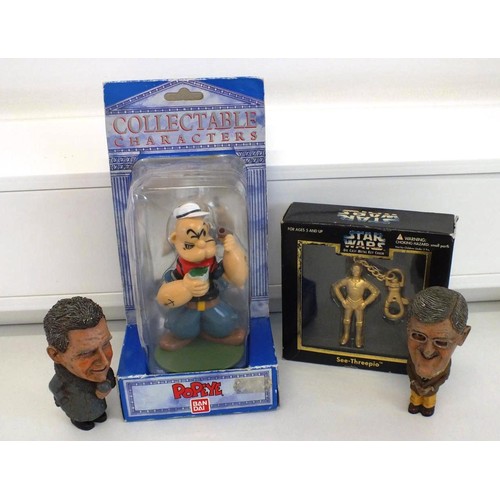 61 - BANDAI POPEYE FIGURE (UNOPENED), STAR WARS SEE-THREEPIO KEYRING (BOXED) & TWO POCKET PUNDITS