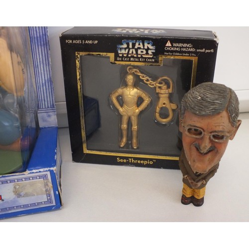 61 - BANDAI POPEYE FIGURE (UNOPENED), STAR WARS SEE-THREEPIO KEYRING (BOXED) & TWO POCKET PUNDITS