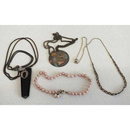 79 - THREE SILVER NECKLACES & PEARL BRACELET WITH SILVER CLASP