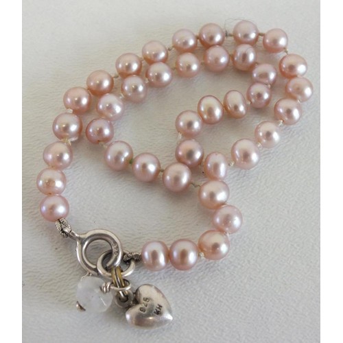 79 - THREE SILVER NECKLACES & PEARL BRACELET WITH SILVER CLASP