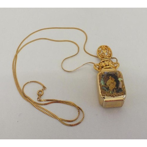 90 - VINTAGE LIMITED EDITION ADRIAN DESIGNS 24k GOLD PLATED PERFUME BOTTLE ON LONG GOLD TONE CHAIN