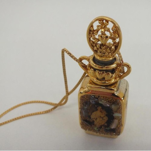 90 - VINTAGE LIMITED EDITION ADRIAN DESIGNS 24k GOLD PLATED PERFUME BOTTLE ON LONG GOLD TONE CHAIN