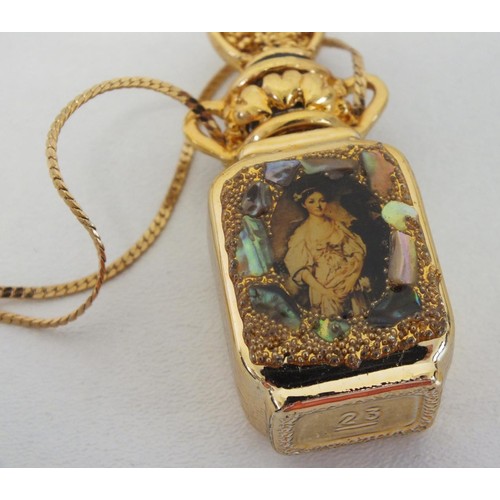 90 - VINTAGE LIMITED EDITION ADRIAN DESIGNS 24k GOLD PLATED PERFUME BOTTLE ON LONG GOLD TONE CHAIN