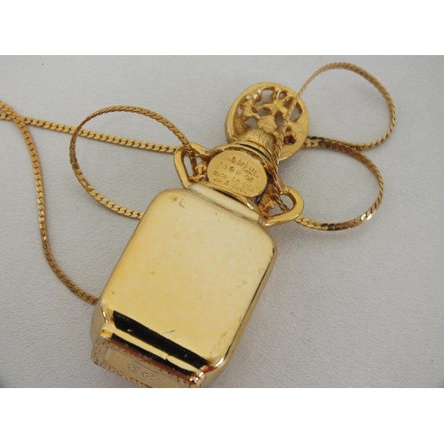 90 - VINTAGE LIMITED EDITION ADRIAN DESIGNS 24k GOLD PLATED PERFUME BOTTLE ON LONG GOLD TONE CHAIN