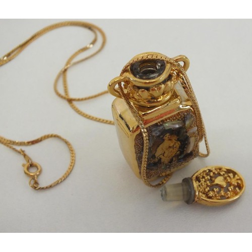 90 - VINTAGE LIMITED EDITION ADRIAN DESIGNS 24k GOLD PLATED PERFUME BOTTLE ON LONG GOLD TONE CHAIN