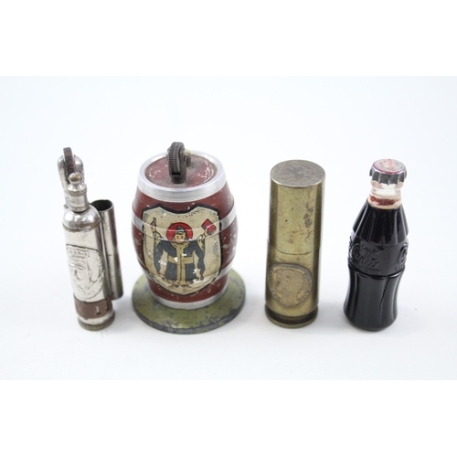 499 - Cigarette Lighters Inc Vintage Trench Art - Munchen Barrel Cola Bottle Etc x 4