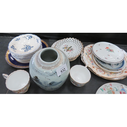 532 - COLLECTION OF CERAMICS INCLUDES CHINESE STONEWARE GINGER JAR, BONE CHINA CUPS AND SAUCERS ETC