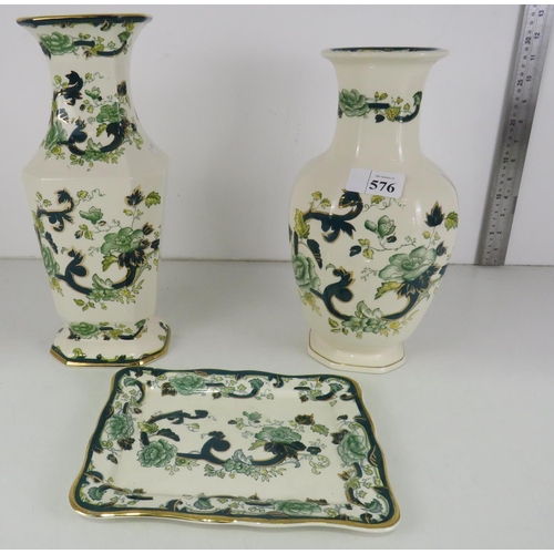 576 - TWO MASONS CHARTREUSE VASES AND TRAY