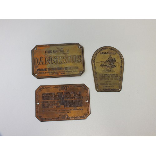 96 - 3 BRASS/COPPER PLAQUES INCLUDES WARWICKSHIRE COCKFIGHTING ASSOCIATION