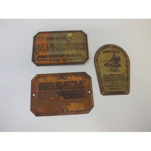 96 - 3 BRASS/COPPER PLAQUES INCLUDES WARWICKSHIRE COCKFIGHTING ASSOCIATION