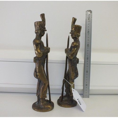 100 - PAIR OF HEAVY SOLID BRASS NAPOLEONIC FRENCH SOLDIERS WITH MUSKETS SCULPTURES 28cm Tall