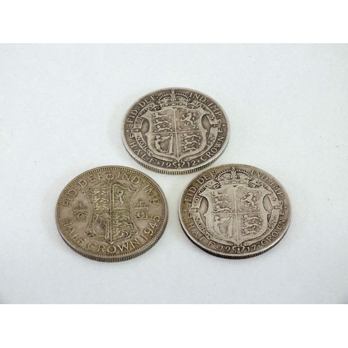 19 - THREE SILVER HALFCROWN COINS 1912, 1917, 1945