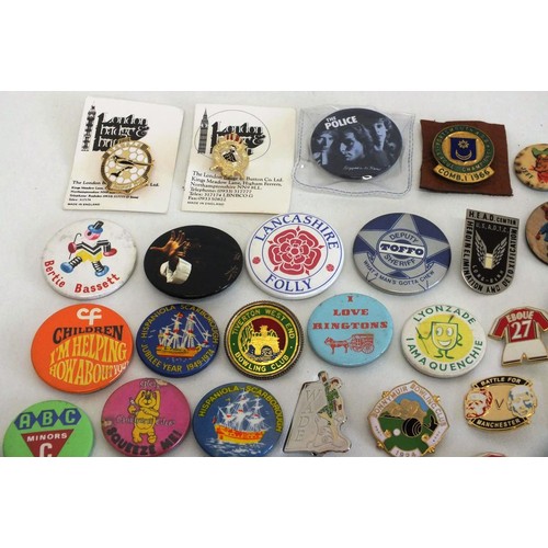 28 - 60 x VARIOUS BADGES INCLUDING ENAMEL, FOOTBALL, ADVERTISING ETC