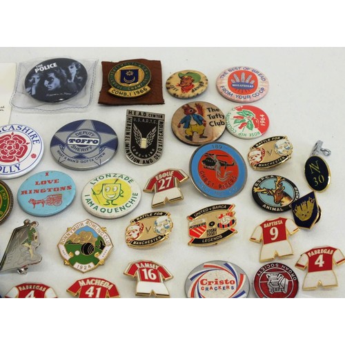 28 - 60 x VARIOUS BADGES INCLUDING ENAMEL, FOOTBALL, ADVERTISING ETC