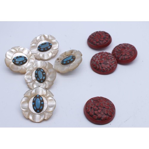 95 - FOUR ANTIQUE CHINESE CARVED CINNABAR BUTTONS & FIVE MOTHER OF PEARL & TURQUOISE BUTTONS