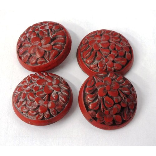 95 - FOUR ANTIQUE CHINESE CARVED CINNABAR BUTTONS & FIVE MOTHER OF PEARL & TURQUOISE BUTTONS