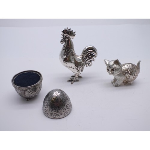 66 - CHRISTOFLE FRANCE LUMIERE CAT, PEWTER EGG PIN CUSHION & WHITE METAL COCKEREL FIGURE