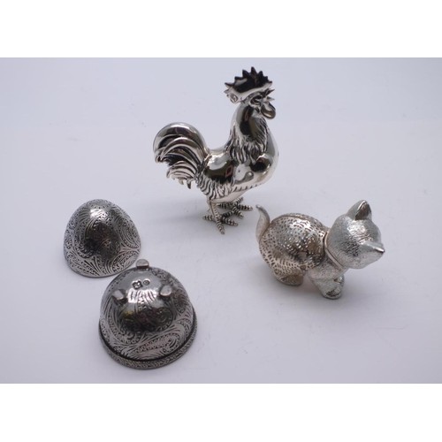 66 - CHRISTOFLE FRANCE LUMIERE CAT, PEWTER EGG PIN CUSHION & WHITE METAL COCKEREL FIGURE