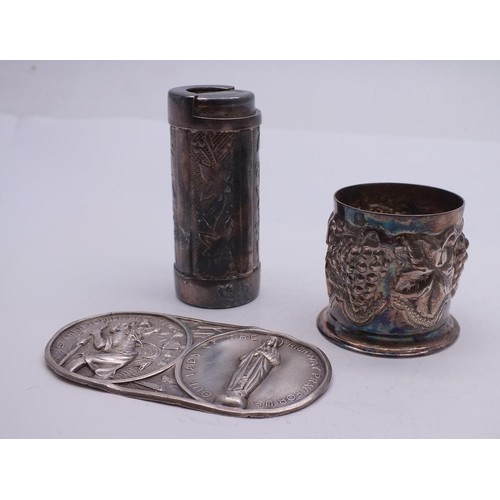 67 - 1940's OUR LADY OF THE HIGHWAY ST CHRISTOPHER TRAVEL BADGE, COIN HOLDER & TOPAZIO SILVER TRINKET POT