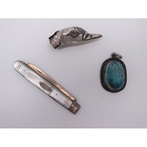 19 - SILVER KNIFE,  EGYPTIAN SILVER SCARAB BEETLE PENDANT, VICTORIAN SILVER DUCK PARASOL HANDLE